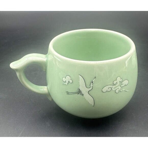VTG Korean Celadon Soft Green Glaze Flying Crane Tea Cup Set Service For 2 - Picture 9 of 16